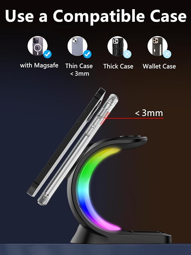 3 in 1 Wireless Charging Station, [6-Color RGB Light] 15W Fast Magnetic Wireless Charger Stand for Multiple Devices Apple, for iPhone 17/Air/16/15 Pro Max, for iWatch 2 to 9
