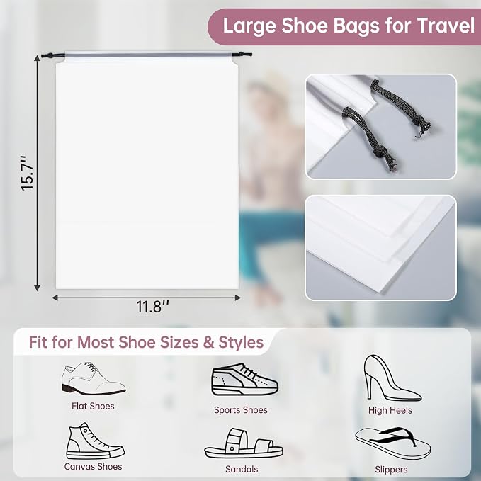 20 Pack Shoe Bags for Travel, 11.8" x 15.7" Waterproof Travel Shoe Bags for Packing, Large Clear Shoe Organizers Pouch with Rope, Portable Drawstring Shoes Storage Bag for Men & Women