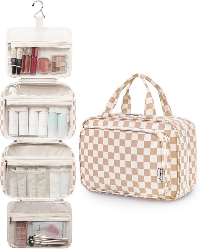 Narwey Travel Toiletry Bag for Women Large Hanging Makeup Bag Organizer Toiletries Bag for Full Size Essentials Accessories Cosmetics (Light Checkerboard (Large))