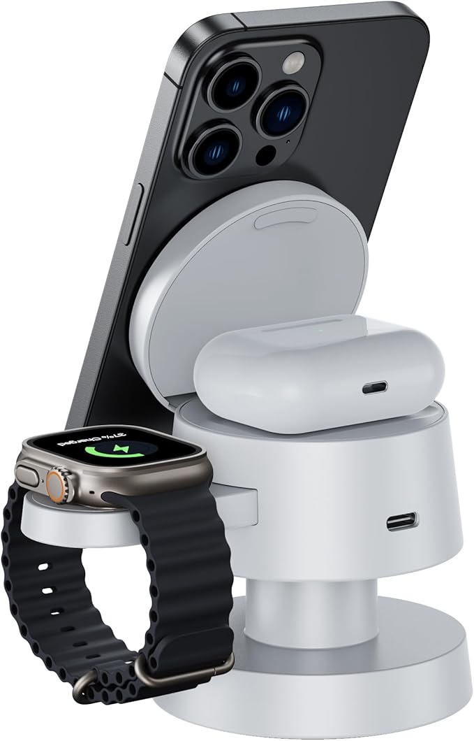 4 in 1 Magnetic Wireless Charging Station,15W Fast Charging with Night Light for MagSafe Charger Stand,3 in 1 Wireless Charger for iPhone 17/16/15/14/13 Pro Max,Apple Watch & AirPods,White