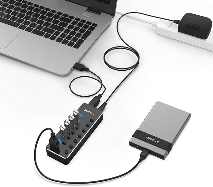 USB 3.0 Hub, RSHTECH 7 Port Powered USB Hub Expander Aluminum USB 3.0 Data Port hub with Universal 5V AC Adapter and Individual On/Off Switches USB Splitter for Laptop and PC(Black) (Pack of 2)