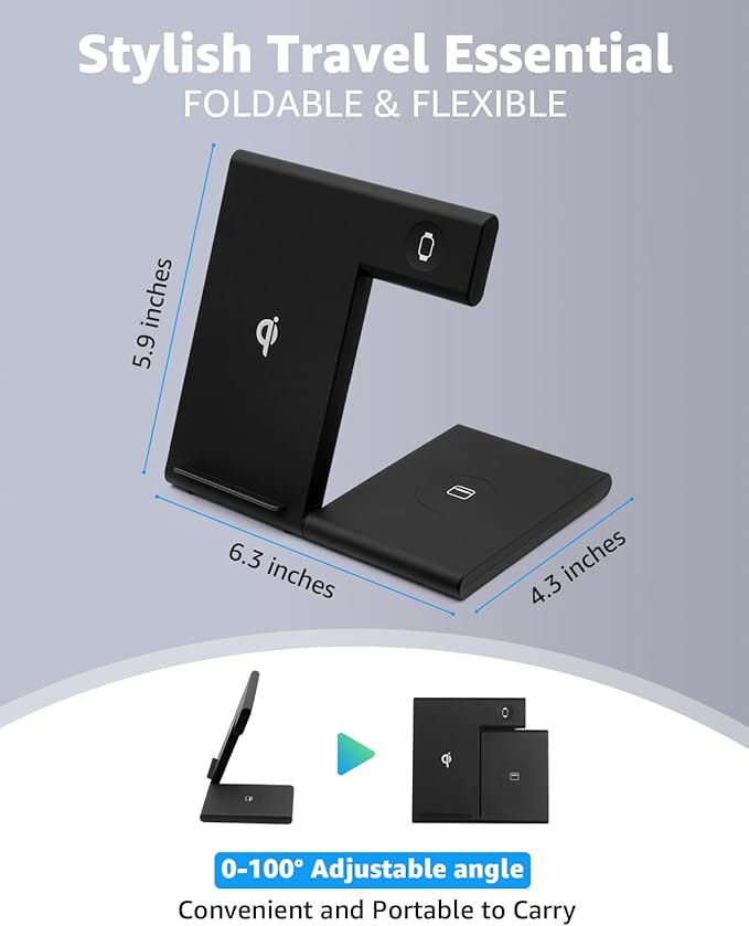 3 in 1 Foldable Wireless Charging Station for Apple Devices, 15W Fast Wireless Charger Stand for iPhone 17/16/15/14/13 /Plus/Pro/Pro Max/12/11, Apple Watch 10/9/8/7/Ultra2/Ultra/SE, AirPods 4/3/2/Pro