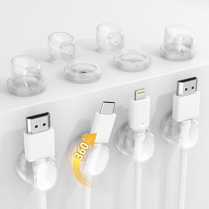 Rotatable Cord Organizer, Snap-Lock Cable Clips Phone Charger Cord Holder, 8 Pack Desk Cable Management, Adhesive Wire Organizer for Nightstand/Car/Kitchen/Office Accessories/Room Decor, Clear