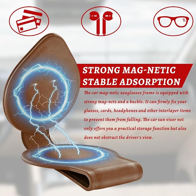 Sunglasses Holders for Car Visor, PU Leather Car Organizer, Magnetic Glasses Holder and Ticket Card Clip, Multi-Functional Auto Sun Visor Eyeglass Holder for Most Vehicles (Brown)