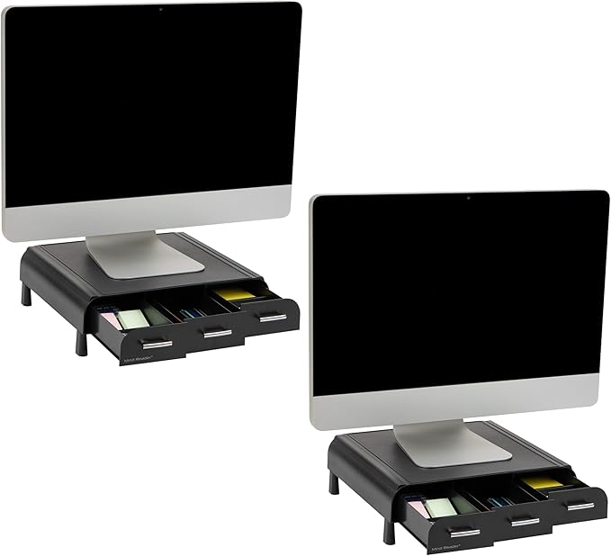 Mind Reader Monitor Stand, 3 Storage Drawers, Desktop Organizer, Riser, Office, 13.5"L x 13"W x 4"H, Set of 2, Black