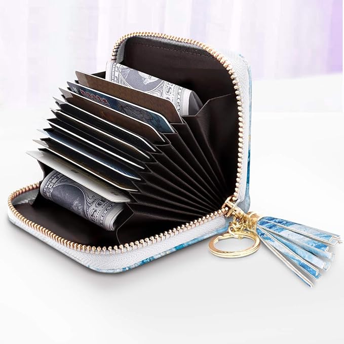 Coco Rossi Leather Credit Card Wallet for Women, RFID Blocking Zipper Cards Holder with Tassel, Blue Marble