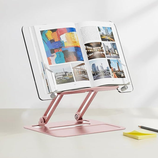 Acrylic Adjustable Book Stand, Reading Stand with Lift Design, High-Density Alloy Desktop Document Holder for Document Recipe, Cookbook, Music Book (Rose)