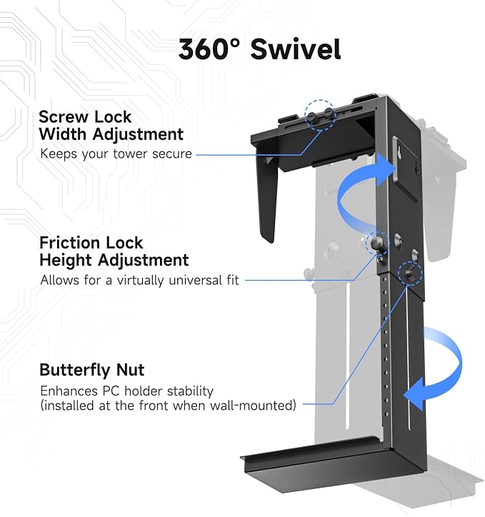 Suptek Adjustable Under Desk and Wall PC Mount,3.94 to 11.61 inch Wide Computer Case CPU Hanger Holder 360 Degree Rotatable Under-Desk PC Hanging Stand Holder Mount (ZJJ001XL)