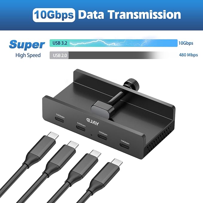EJAY USB C Hub Clamp Mount, 4-Port 10Gbps USB 3.2 Hub Gen 2, Aluminum Clamp On USB Hub for Monitor & Desk, Dual Cable USB C Splitter Data Hub for Mac, PC, Desktop, Black