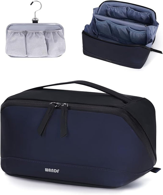 WANDF Toiletry Bag for Men, PU Leather Dopp Kit with Detachable Waterproof Hanging Pouch and Wet Pocket (Navy Blue)
