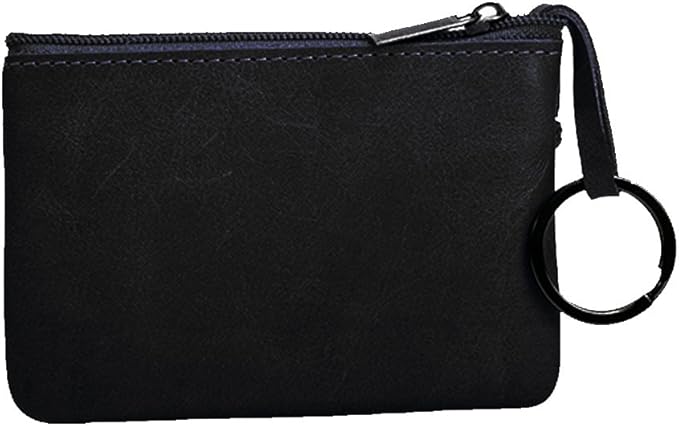 Hibate Black Small Leather Coin Purse Change Pouch for Women Men Kids with Zip Key Ring