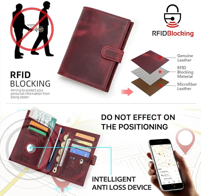CONTACTS Full Grain Leather Passport Holder Compatible with Airtag Passport Wallet RFID Blocking Travel Passport Cover with SIM Card Removal Tool (Red)
