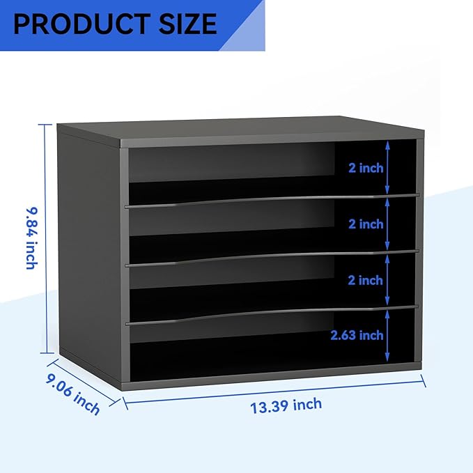 Wood Desktop Letter Tray File Organizer, Paper Storage Mail Sorter with 3 Adjustable Drawer Boards for Home and Office, Black