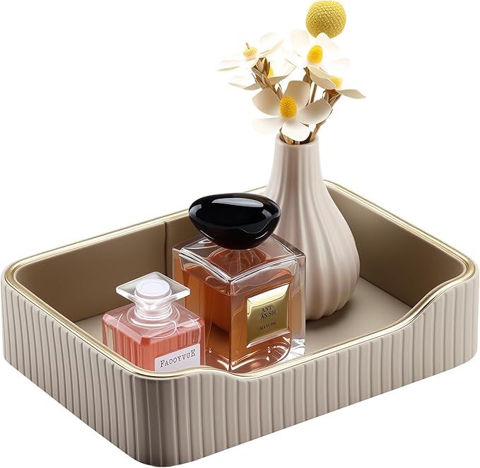 KINGFOM Prefume Tray, PU Leather Valet Tray Nightstand Organizer Trays for Men Women, Table Centerpieces Decorative Vanity Trays, Desk Organizer Tray for Key Jewelry Cosmetics (Beige)