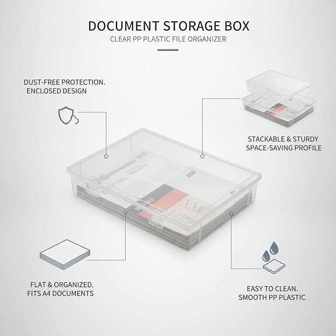 Clear PP Plastic Document Storage Box with Lid, Stackable A4 File Organizer Bin for Office Desk & Home Study (1 Pack)