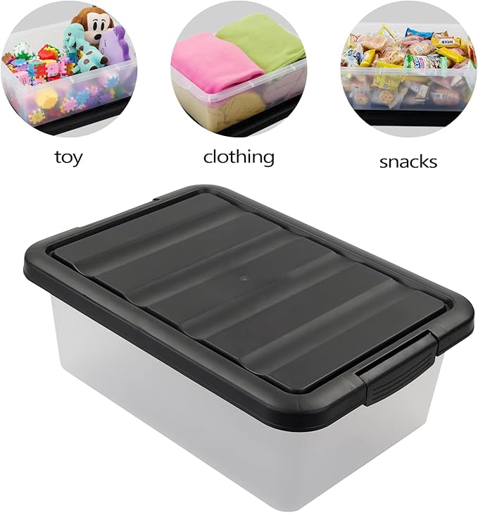Wekioger Versatile Plastic Storage Box Organizer Bins with Black Lids, 14 Quart, 2 Packs