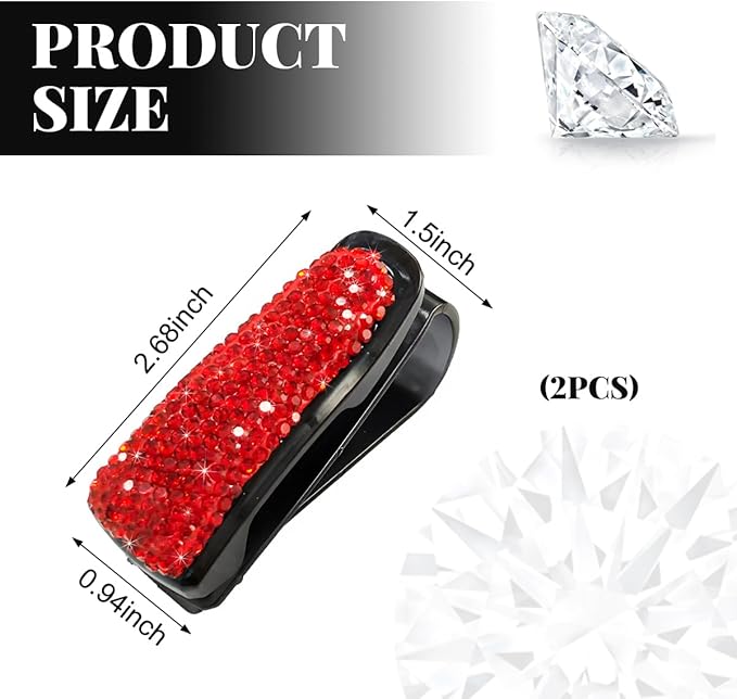 Wevdn 2 PCS Car Sun Visor Glasses Holder, Fashion Bling Car Eyeglasses Sunglasses Hanger for Women Girls, Glasses Holder Clip Hanger Mount with Ticket Card Clip, Car Accessories (Red)