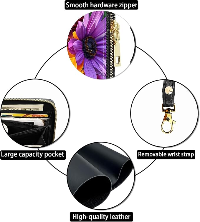 Women's Large Capacity Wallet PU Leather Zip Around Clutch Purse Multifunctional Wallet with Removable Wristlet Strap for Smart Phone/Coin/Card/Cash, Sunflowers