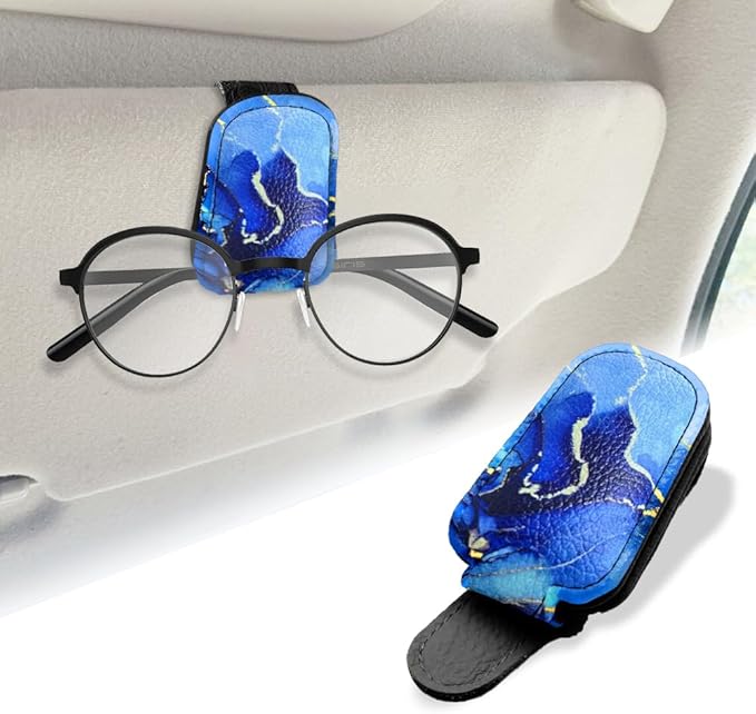 WIRESTER Sunglasses Holder Clip for Car Sun Visor, Leather Glasses Eyeglass Hanger Clip, Car Visor Accessories - Marble Gold and Blue