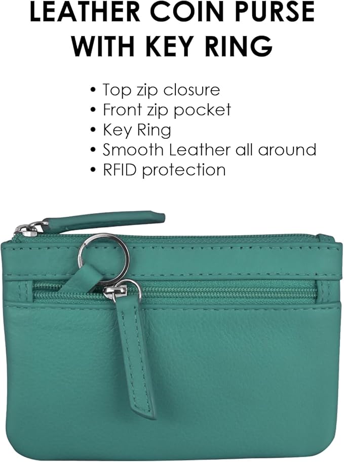 ili New York Mini Leather Coin Purse, Compact Design with Key Ring and RFID Protection for Women and Men in Vibrant Colors, Aqua