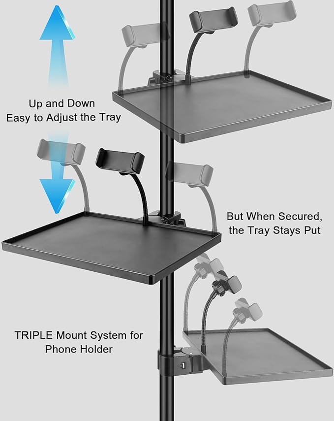 BILIONE Mic Stand Tray with Gooseneck Phone Holder, 10.6" X 7.8" Microphone Stand Tray Crab Clamp On Music Stand Floor Shelf Pole Mount, Karaoke Accessories