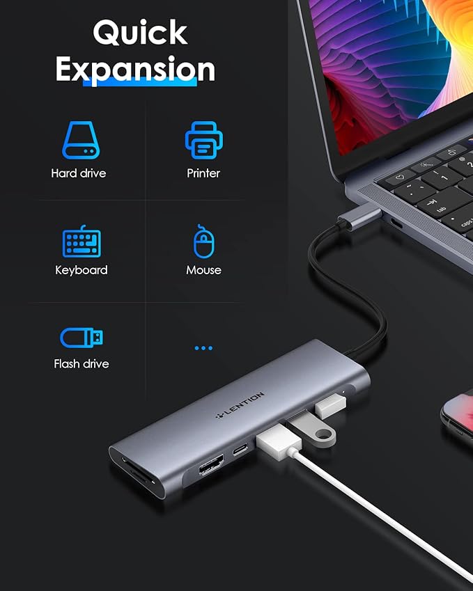 LENTION 7-in-1 USB C Multiport Hub with 4K HDMI, 100W PD, 3 USB 3.0 Ports, SD/MicroSD Card Reader Compatible MacBook Pro/Air/Neo 2016-2026 Stable Driver Adapter (C36B, Space Gray)