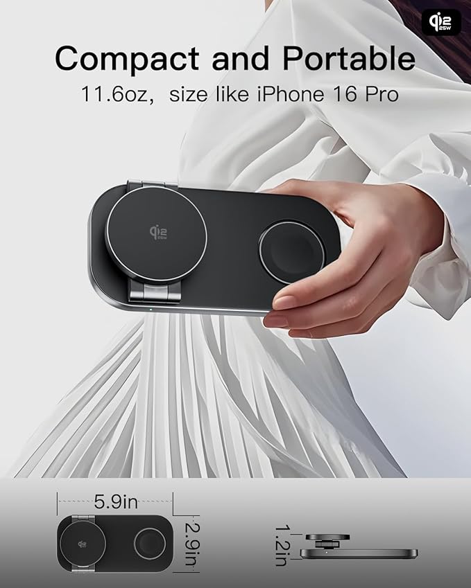 3-in-1 Charging Station for Apple Device, Qi2 25W Certified Magnetic Wireless Foldable Fast Charger Stand Compatible with MagSafe for iPhone 17e/17/16/15/14/13/12/Air Series, Apple Watch & AirPods