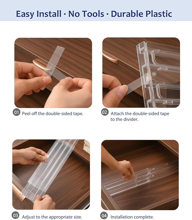 5 Pack Clear Drawer Dividers - Adjustable & Expandable Dresser Organizers, 3.15" High Plastic Separators with Non-Slip Adhesive for Clothes, Baby Nursery, Bathroom, Kitchen & Makeup