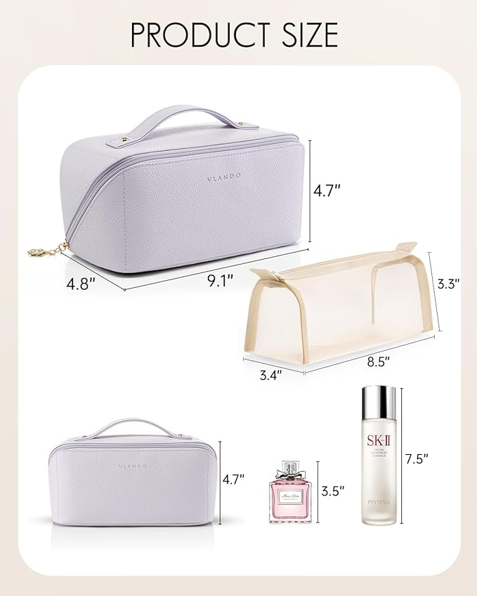 VLANDO Makeup Bag,Travel Toiletry Bag,Cosmetic Bag for Women PU Leather Portable Make up Bag for Skincare, Brushes & Travel Essentials-Purple