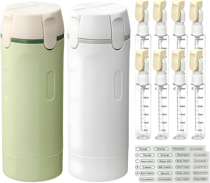 4 in 1 Travel Dispenser, 4 Pack 30ML Travel Bottles with Measurement Scale & Label Stickers for Toiletries, Leak Proof Dispenser Bottle Containers for Shampoo Lotion Conditioner Cream (Green+White)