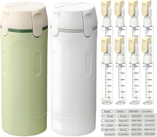 4 in 1 Travel Dispenser, 4 Pack 30ML Travel Bottles with Measurement Scale & Label Stickers for Toiletries, Leak Proof Dispenser Bottle Containers for Shampoo Lotion Conditioner Cream (Green+White)