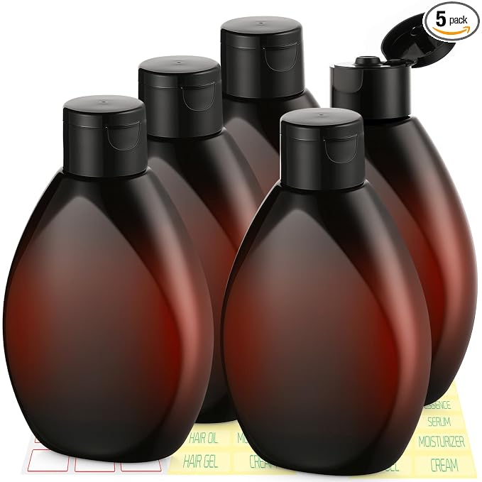 Plastic Squeeze Bottles with Flip Cap 6.9oz 5 Pack Leak Proof Shampoo and Conditioner Containers Travel Essentials for Shampoo Conditioner Body Wash(Brown)