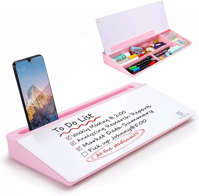 TSJ OFFICE Desktop Whiteboard Dry-Erase-Board - Computer Keyboard Stand White Board Surface Pad with Drawer, Desk Organizers with Accessories for Office, Home, School Supplies - Pink