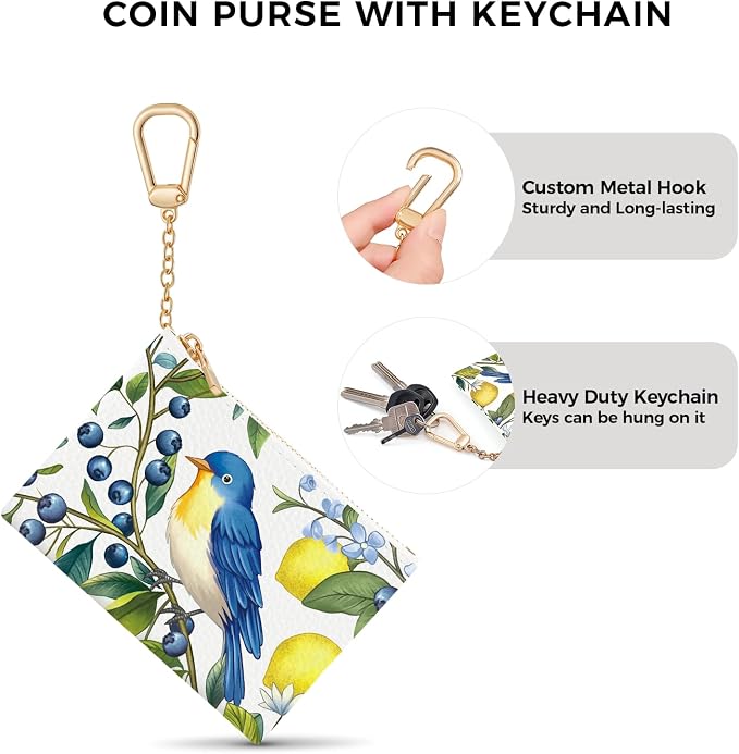 Hummingbird Keychain Coin Purse for Women, Small PU Leather Change Pouch, Zipper Little Bird Tiny Travel Wallet for Girls, Cute Kawaii Zip Pocket Coin Holder with Key Ring