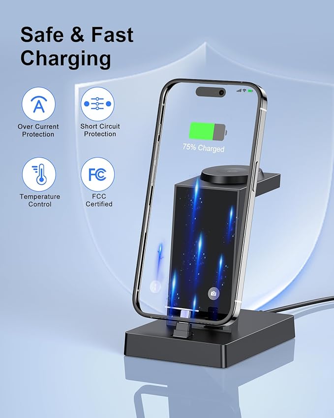 30W Fast 3 in 1 Charging Station for Apple Devices - ADADPU USB C Charger Stand for iPhone 17 16 15 Pro Max Plus & AirPods 4,Wireless Charger Dock Compatible with Apple Watch Ultra/10/9/8/7/6/5/4/3/SE