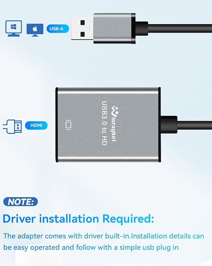 USB to HDMI Adapter for Monitor 1080P@60Hz Display with 5Gbps High Speed Transmission, Support Extend & Mirror Mode, Compatible with Window 7/10/11, Mac OS 10.15+, Laptop, Desktop, TV, Monitor, Silver