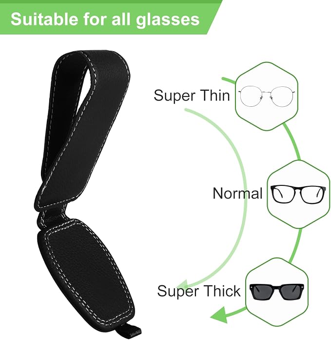 2 Pack Magnetic Leather Sunglasses Holder for Car，Car Visor Accessories and Ticket Card Clip，Fit Different Size Eyeglasses (Black)
