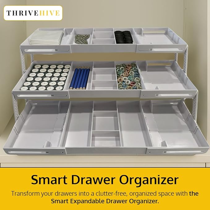 3 Tier Drawer Organizer, Multi Level Smart Drawer Organizer for Desk, Expandable Organizer for Office, Makeup, Jewelry, Kitchen, Folding Storage for Home and Office Drawers & Craft Organizer ??White