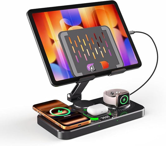 Magnetic Charging Station for Apple Multiple Devices, Wireless Charger with Clock & Light, Foldable Wired Charging Stand for iPad/Tab, Mag-Safe Charger for iPhone 17, for Apple Watch for AirPods