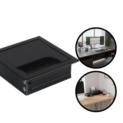 Desktop Cable Management Cover for Desk Organization - Aluminum Alloy Cable Box with Brush Seal (Black, 8.0x8.0x2.8 cm)