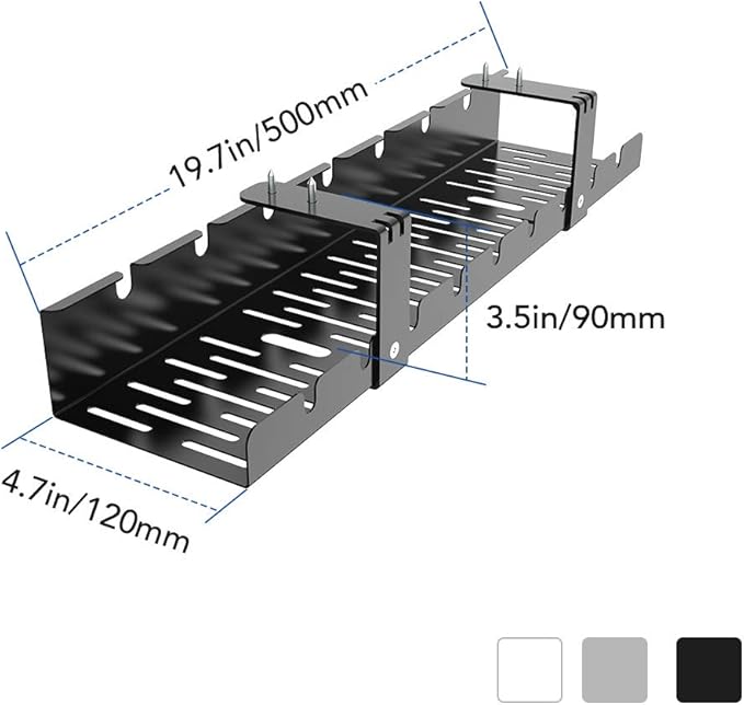 Cable Management Under Desk Tray for Home Office Desk, Metal Raceway Wires Cable Management Tray Tidy Organizer (Black)