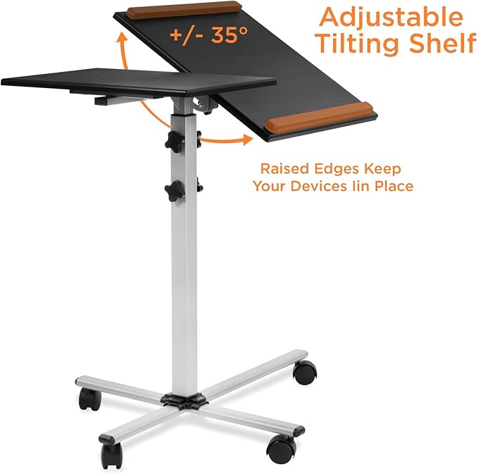 Mount-It! Projector Stand Mobile Projector Cart with Laptop Shelf on Wheels, Heavy Duty Two Shelves Height Adjustable Laptop and Projector Presentation Trolley in Black