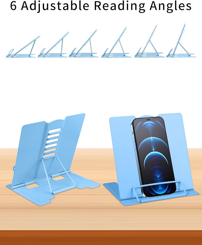 MSDADA Small Desk Book Stand Metal Reading Rest Book Holder Adjustable Cookbook Documents Holder Portable Sturdy Bookstands for Recipes Textbooks Tablet Music Books(Light Blue)