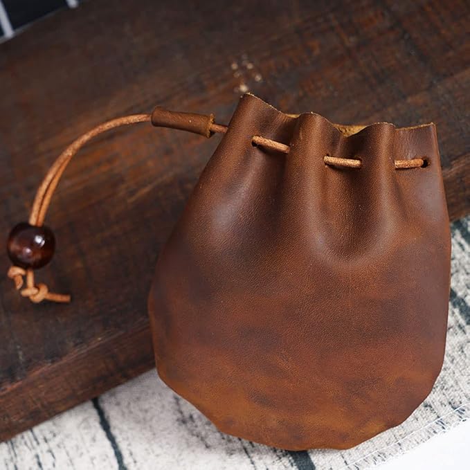 1 Pcs Mini Leather Drawstring Coin Purse Vintage Leather Coin Bag, Coin Organizer, Change Holder,Leather Drawstring Pouch for Men & Women