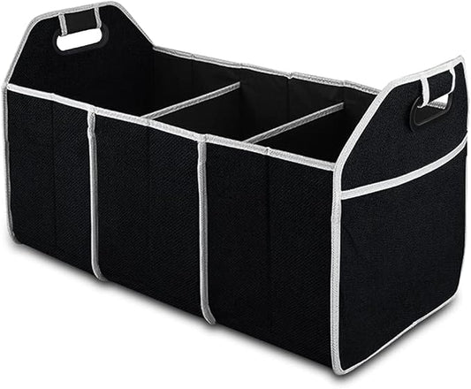 Car Trunk Organizer, Portable Foldable Waterproof Auto Storage Bag with 3 Compartments, Collapsible Cargo Trunk Groceries Organizer, Car Accessories Universal for SUV, Truck, Van, Sedan (Black)