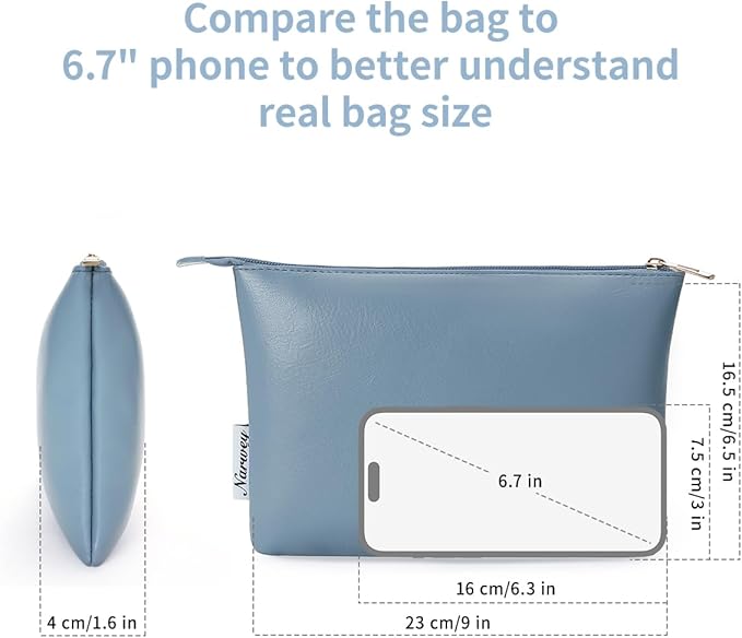 Narwey Small Makeup Bag for Purse Small Cosmetic Bag Women PU Leather Travel Makeup Pouch Zipper Pouch (Greyish Blue)