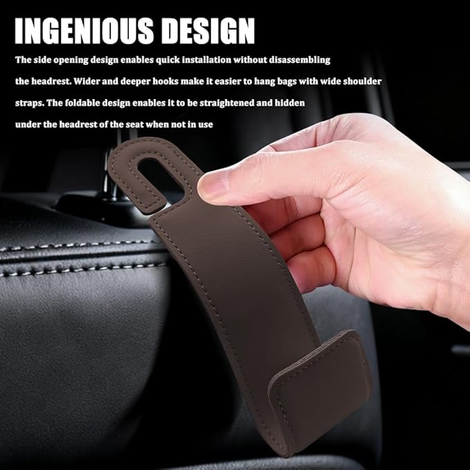 Car Seat Headrest Hooks, Purse Hook for Car, Automotive Headrest Handbags Holder, Auto Accessories Leather Seatback Organizer Hanger for Hanging Purses Bags Coats (Brown, 1PCS)