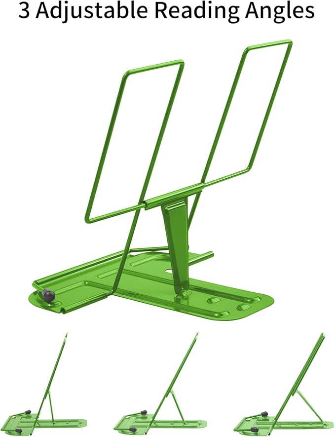 Metal Book Stand for Desk, Adjustable Reading Rest Book Holder, Portable Cookbook Documents Holder, Sturdy Typing Stand for Recipes Textbooks Tablet Music Books with Page Clips (Green)