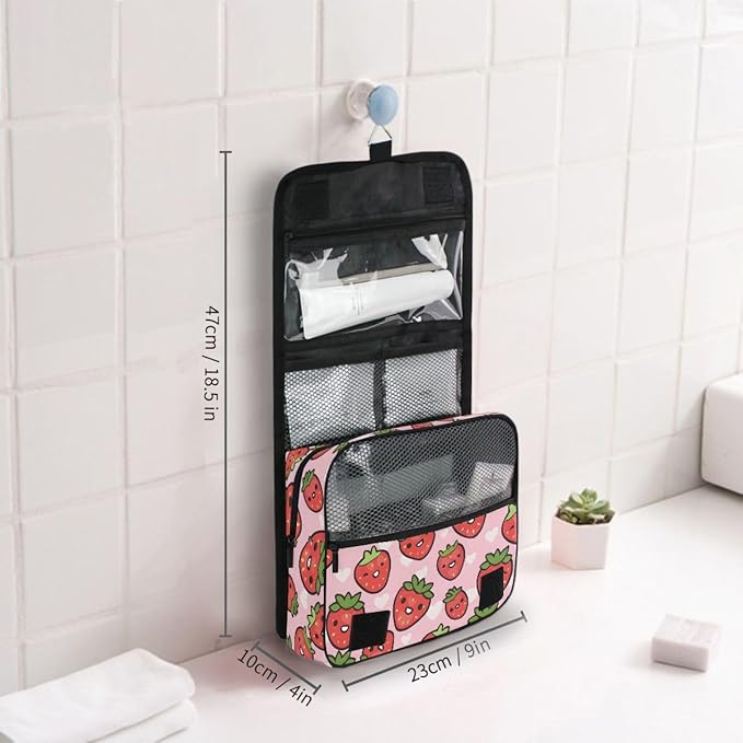 senya Hanging Travel Toiletry Bag Cute Kit Makeup Case Cosmetics Organizer for Men Women (Cute Strawberry Girly)