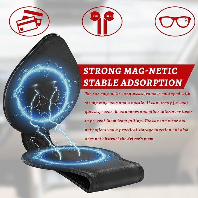 Sunglasses Holders for Car Visor, PU Leather Car Organizer, Magnetic Glasses Holder and Ticket Card Clip, Multi-Functional Auto Sun Visor Eyeglass Holder for Most Vehicles (Black)